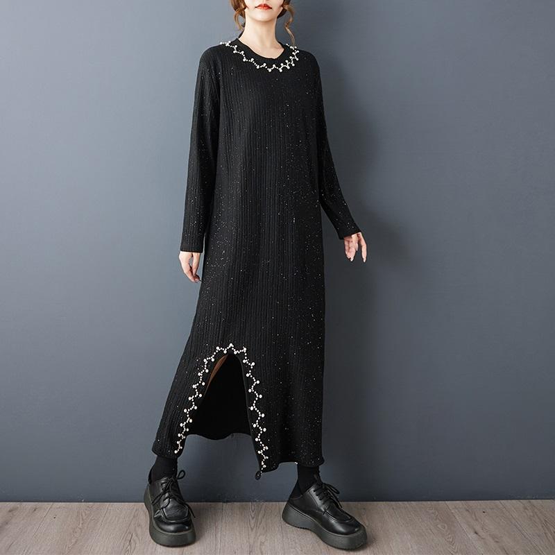 Черное вязаное винтажное платье большого размера с длинным рукавом новое в платьях для женщин повседневное свободное весенне-осенне-зимнее платье