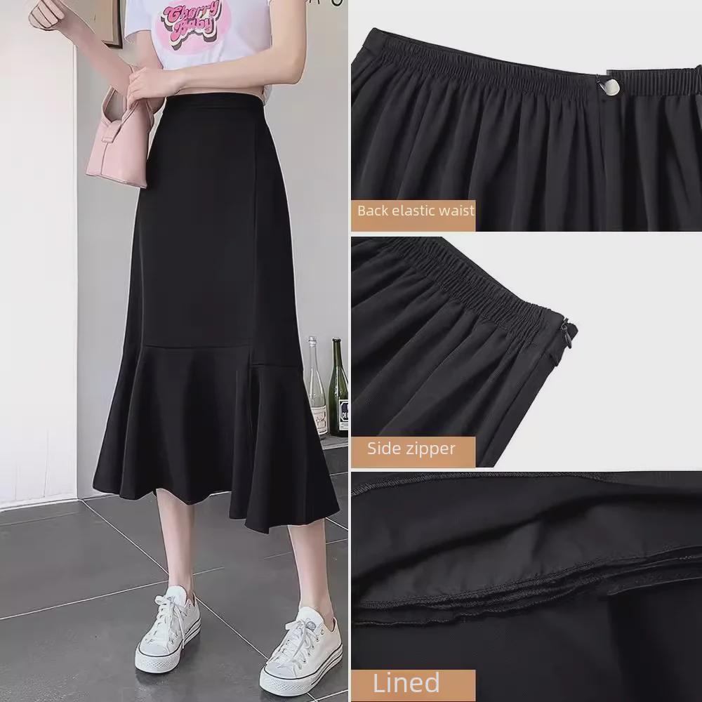 Черная юбка-рыбий хвост А-силуэта с высокой талией - весна, размер плюс, прикрывает живот, утягивает