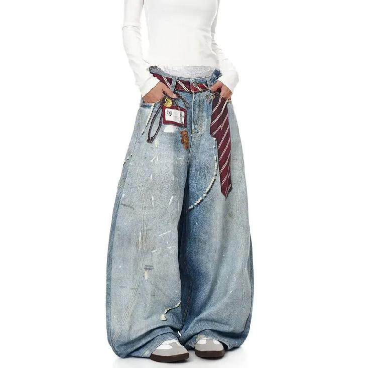 American retro straight leg wide leg jeans washed and worn high street jeans for women loose fitting Harajuku fashion