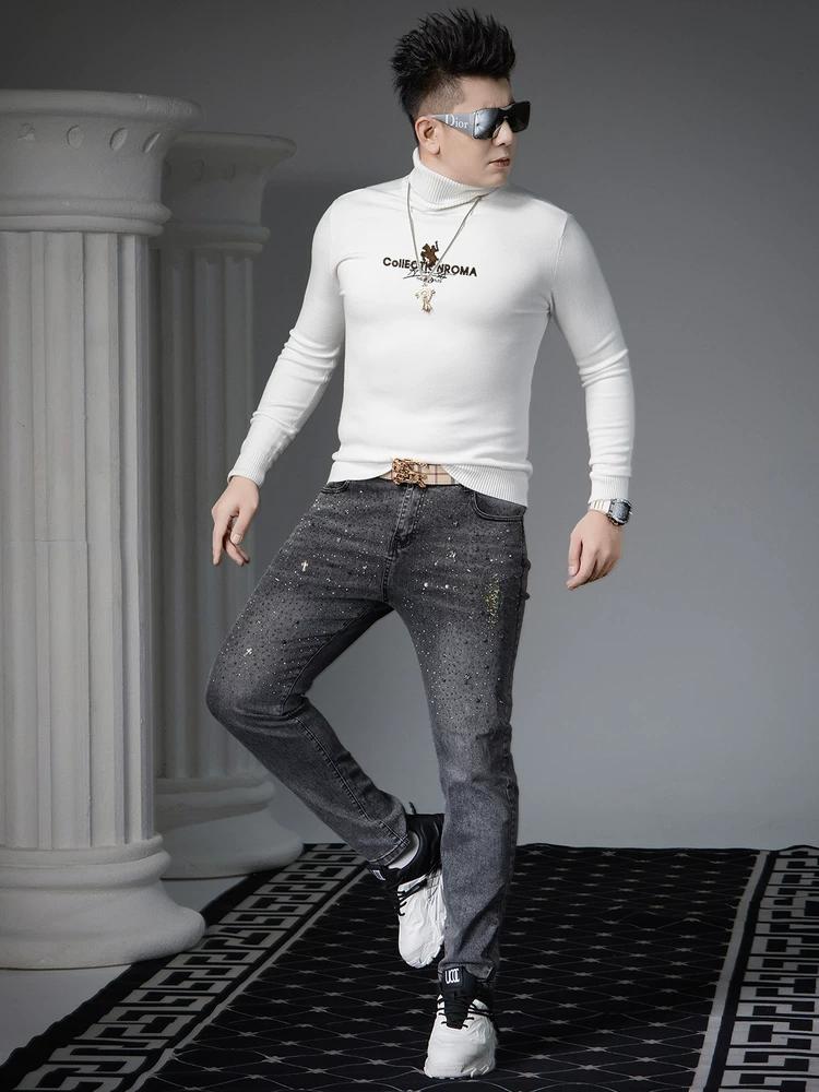 Ozhouzhan 2025 Autumn and Winter Warm Turtleneck sweater Men's Trendy Print Knitted Bottoming Shirt Inner wear Sweater
