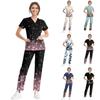 Women's Short Sleeve V Neck Floral Chest Pocket Work Top Elastic Waist Pants Two Piece Work Set,3 Pockets,Scrubs Tops For Women