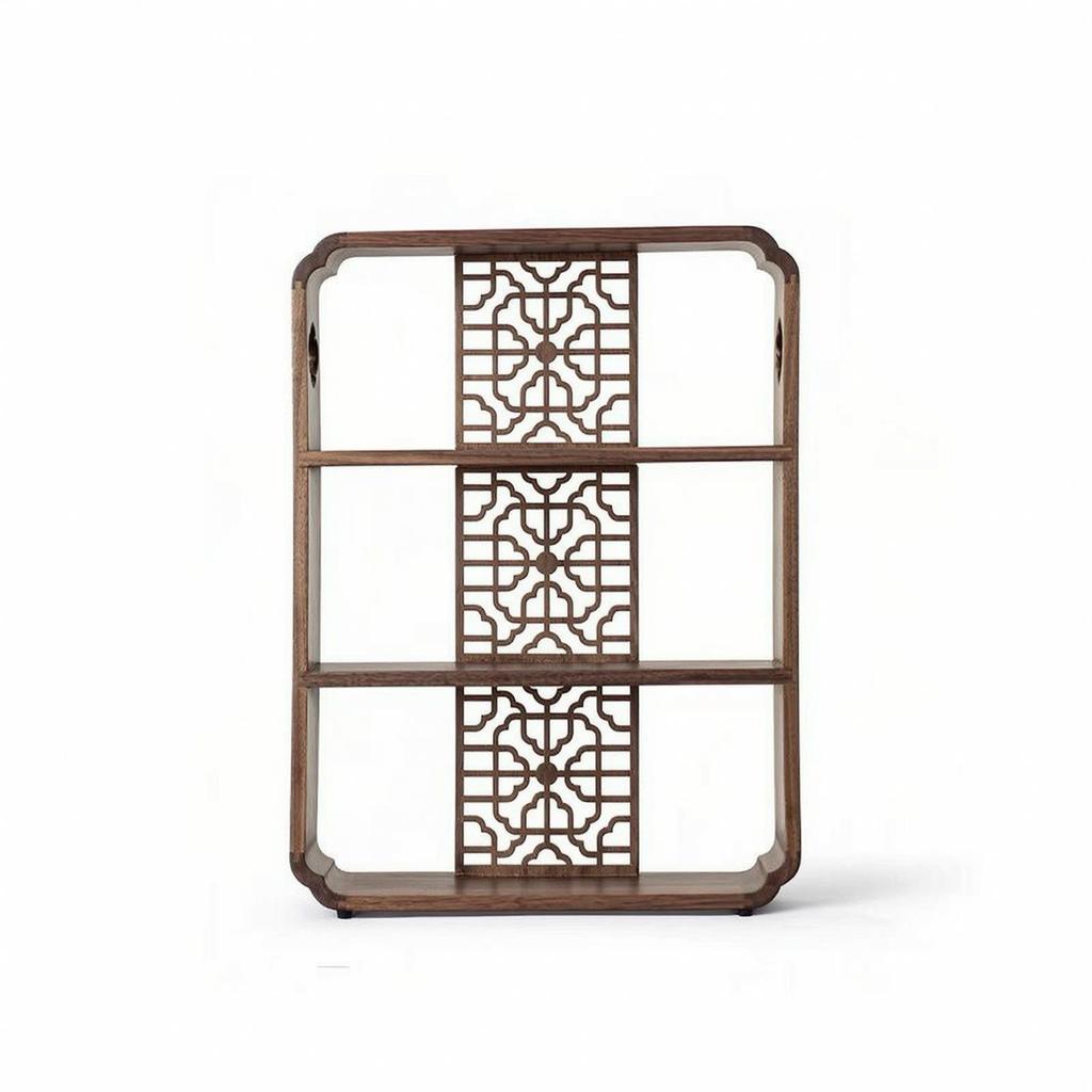 Wood Display Shelf with Carved Lattice Walnut Finish Wooden Bookshelf Stable