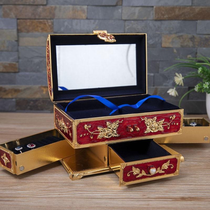 Металлическая шкатулка для украшений, многослойная, большая вместимость, ручка для хранения украшений с зеркалом