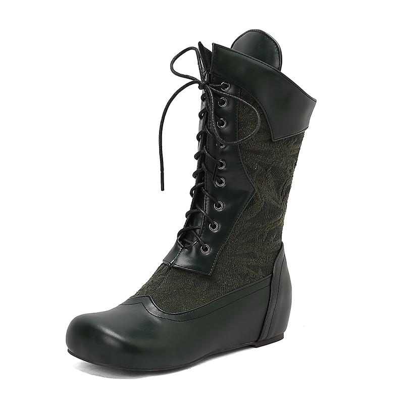 Мода 2025 Дизайн Сапоги до середины икры для женщин Круглый носок Внутренний каблук Шнуровка Большой размер 48 49 50 Модные ботильоны для свиданий