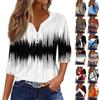 Women's Fashion V-Neck Button Seven Sleeve T-Shirt Casual Geometric Splicing Printed Top