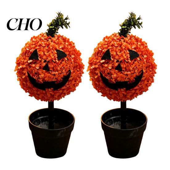 Autumn Seasonal Home Decor Artificial Pumpkin Topiary Tree, Halloween Face Faux Boxwood Plants with Stake, Indoor Party Props Fall Thanksgiving
