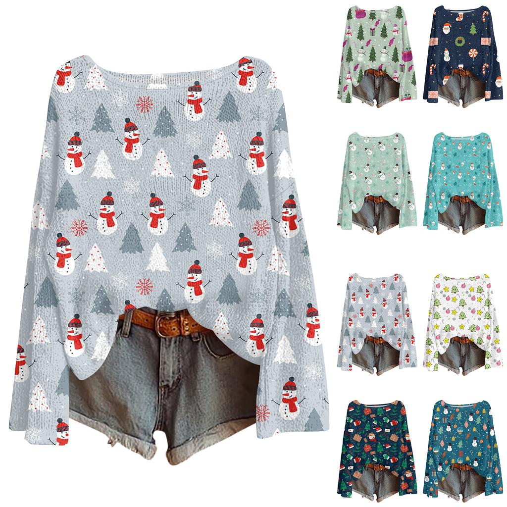 Women's Fashionable Oversized Knitwear Long-Sleeved Christmas Print Top