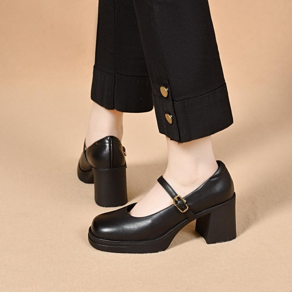 Mary Jane Shoes Thick Heel Small Leather Shoes 2025 Spring New Square Head Shallow Mouth One Word Belt Single Shoes Waterproof Table High Heels
