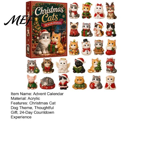 Christmas Tree Hanging Supplies Cat Dachshund Advent Calendar, 24-Day Countdown Acrylic Ornament for Retro Style Pendant Set Decoration, Cute