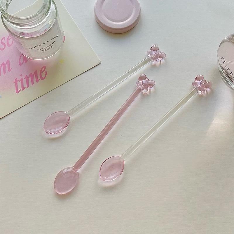 NEW Pink Bow Glass Coffee Spoon, Long-handled Dessert/milk Tea Stirring Spoon, Heat-resistant Teaspoon, Household Kitchen Tool.