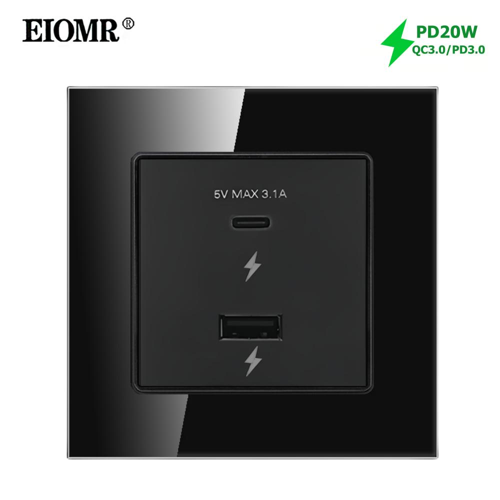 EIOMR Черное Хрустальное Стекло Израиль USB Type-C Зарядная Настенная Розетка, AC 230V 16A ТВ Телефон Звонок Выключатель Света Израиль Домашняя Розетка