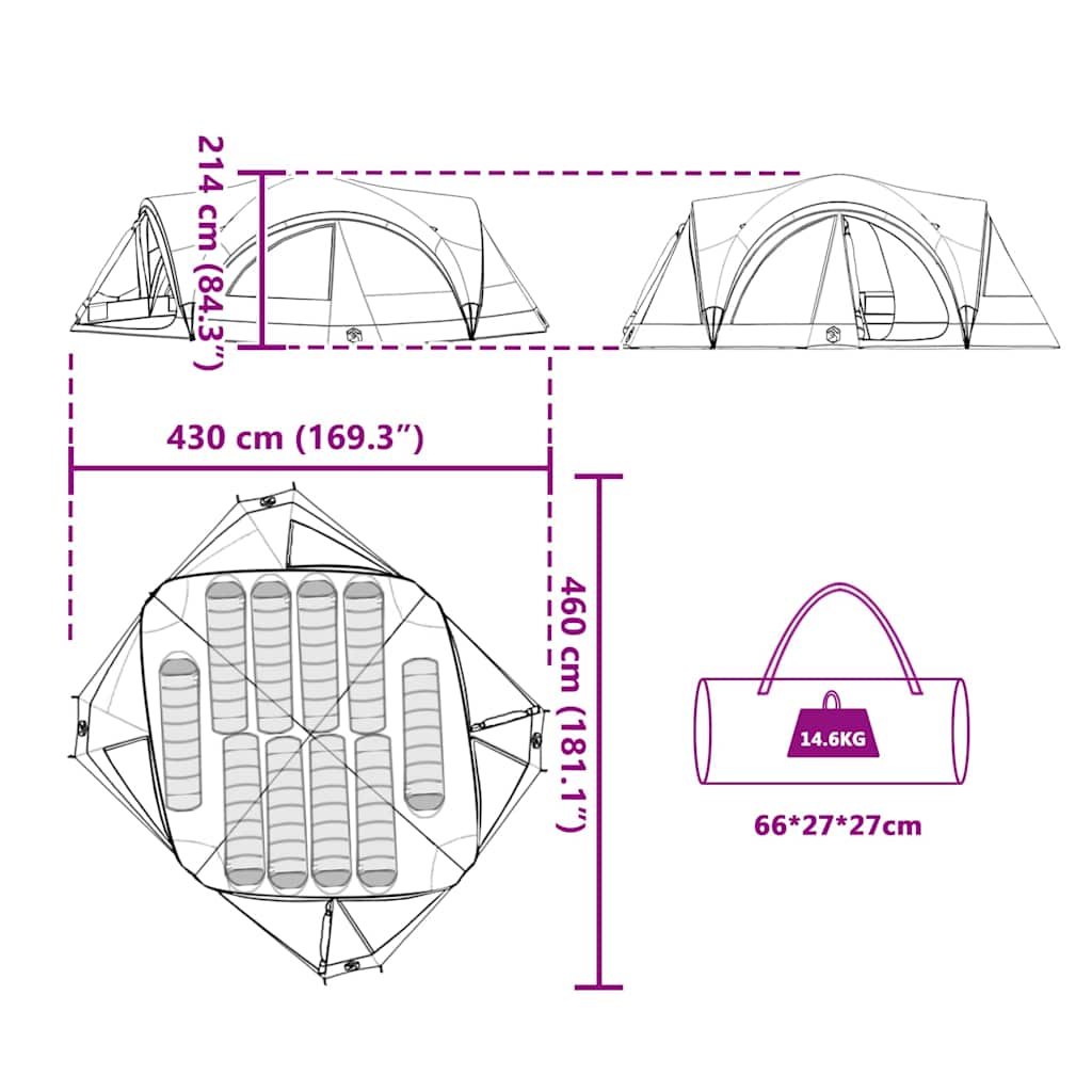 Family Tent for 10 Persons Gray and Orange 460 x 430 x 214 cm