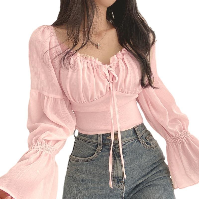 Женские топы весна-лето расклешенные рукава завязка на талии женская рубашка