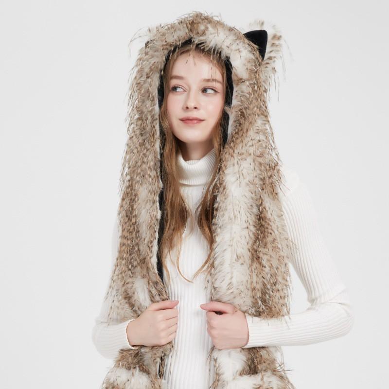 Faux Fur Fox Hat With Ears Scarf Gloves Combo Cute Cartoon Winter Warm Headwear Adults