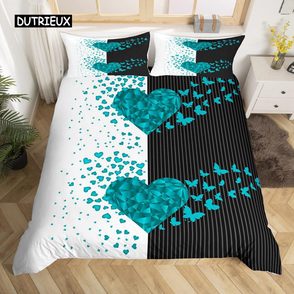Black and White Duvet Cover Set King and Queen Bedding Set for Couple Romantic Valentine's Day Presents Polyester Duvet Cover