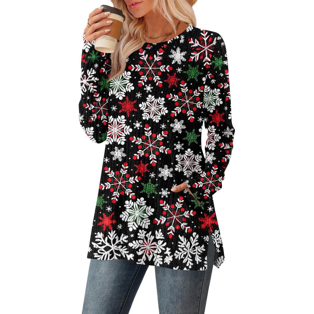 Women's Christmas Printed Round-neck Long-sleeved Top With Pockets And Side Slits