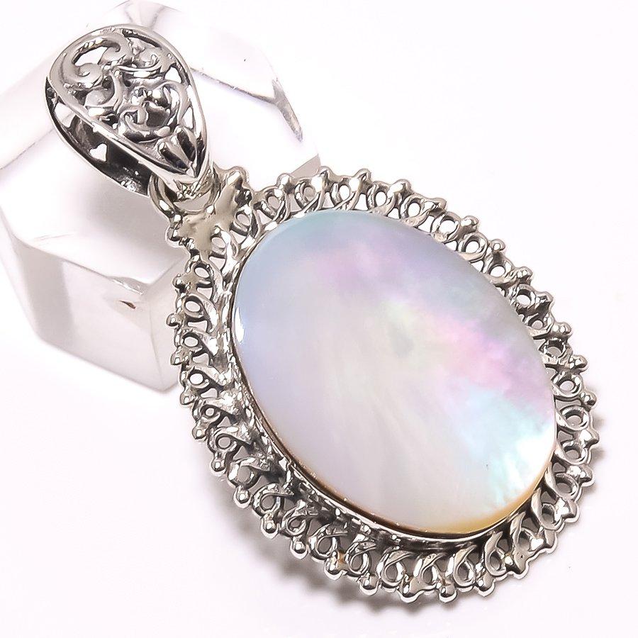 Natural Mother Of Pearl Gemstone 925 Solid Sterling Silver Pendant 1.77" P1N95