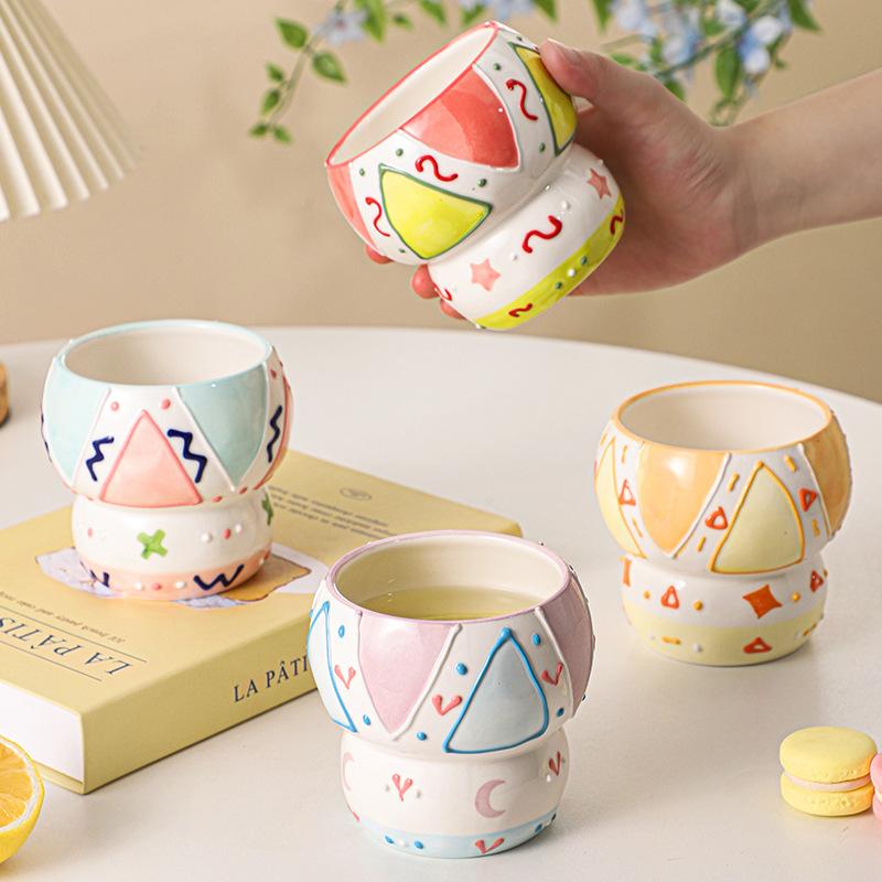 Hand-Painted Relief Ceramic Household Ceramic Cup Water Cup Creative Hand Cup Large Capacity Mug Milk Cup Breakfast Cup