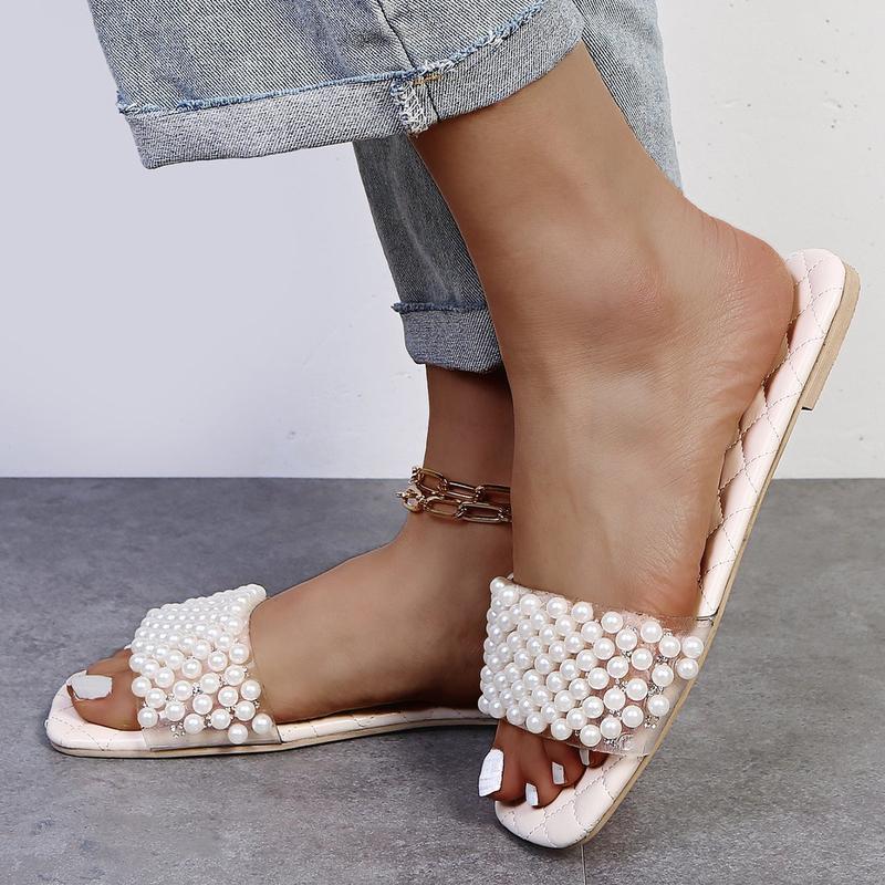 Весна/лето новые женские универсальные повседневные тапочки со стразами и жемчугом модные однотонные туфли на плоской подошве сандалии