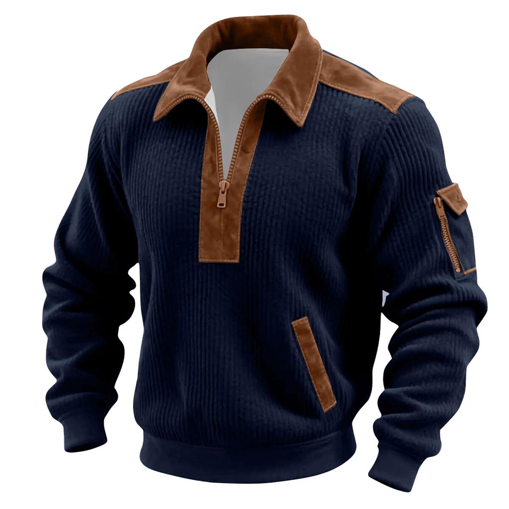 Мужской однотонный вельветовый топ с длинным рукавом и застежкой-молнией на горловине, мужской повседневный топ с лацканами