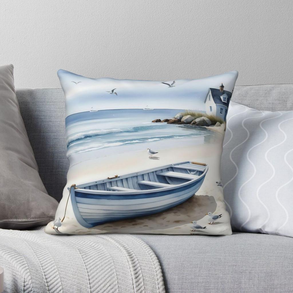 Beach House Charm Dinghy Seagulls Square Pillowcase Polyester Linen Velvet Printed Decor Pillow Case Sofa Seater Cushion Cover