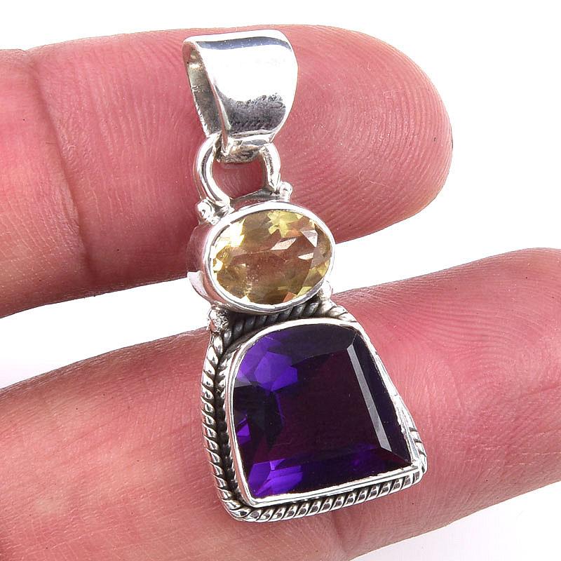 Natural African Amethyst,Citrine 925 Solid Sterling Silver Pendant 1.25'' D6D07