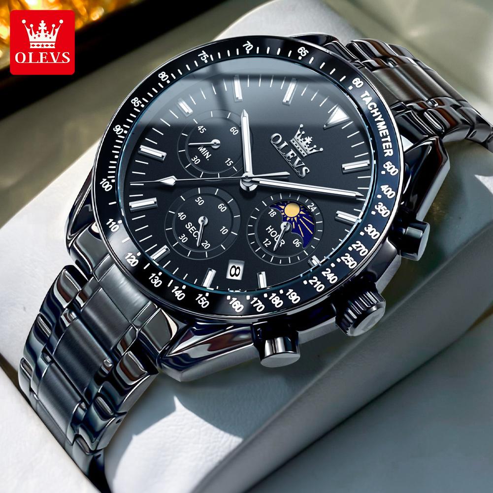 Модные синие кварцевые часы для мужчин из нержавеющей стали, водонепроницаемые, светящиеся, дата, фазы Луны, хронограф, часы для мужчин