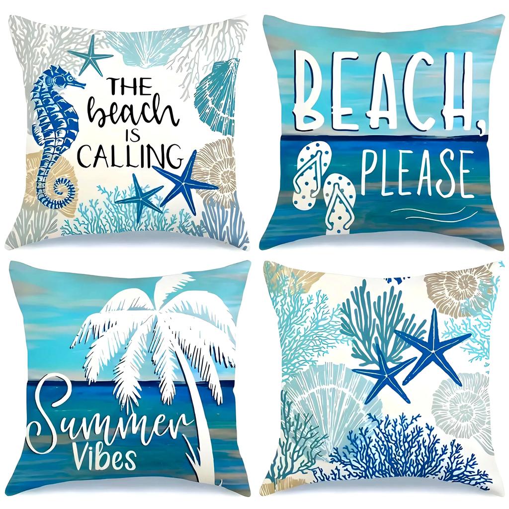 Ocean Beach Theme Pillowcase Coconut Tree Starfish Print Living Room Sofa Cushion Cover Bedroom Room Home Decoration