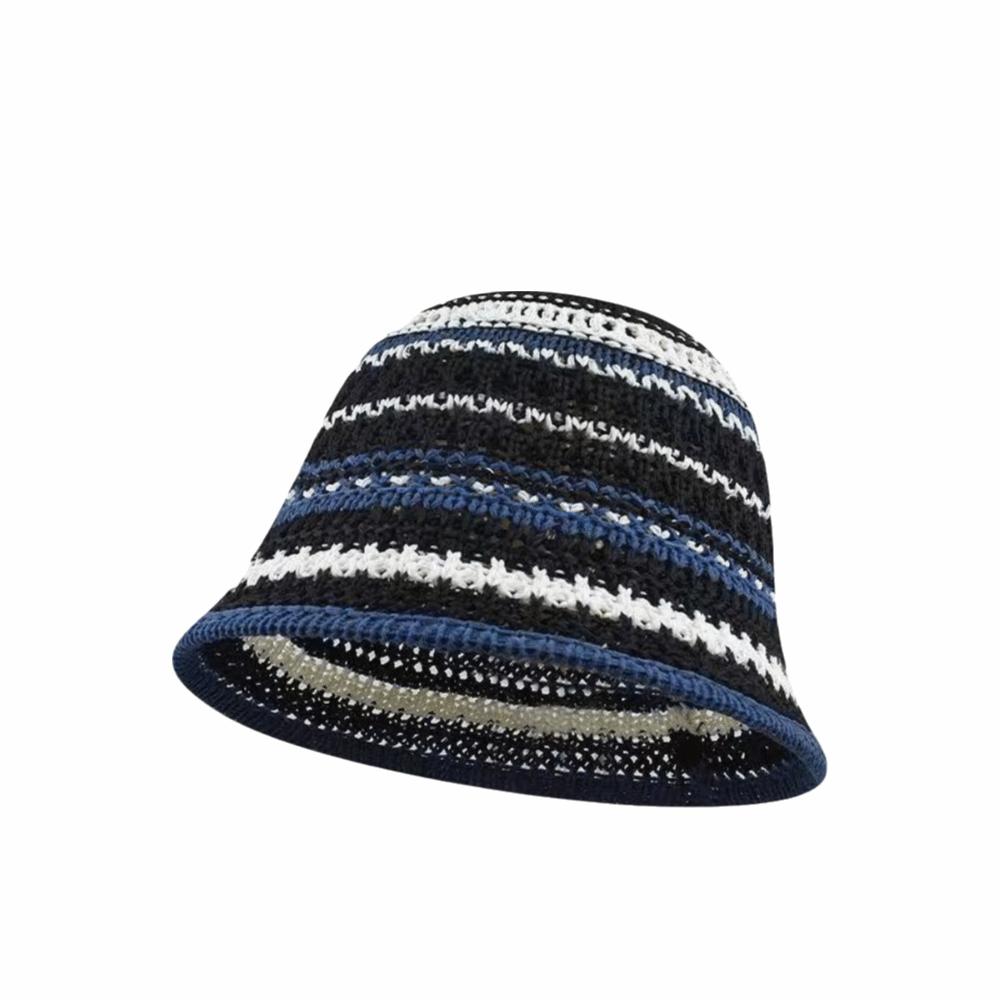 Striped Knitted Hollow Fisherman Hat UV Protection Breathable Straw Bucket Cap Big Eaves Multicolor Thin Sunshade Hat Travel