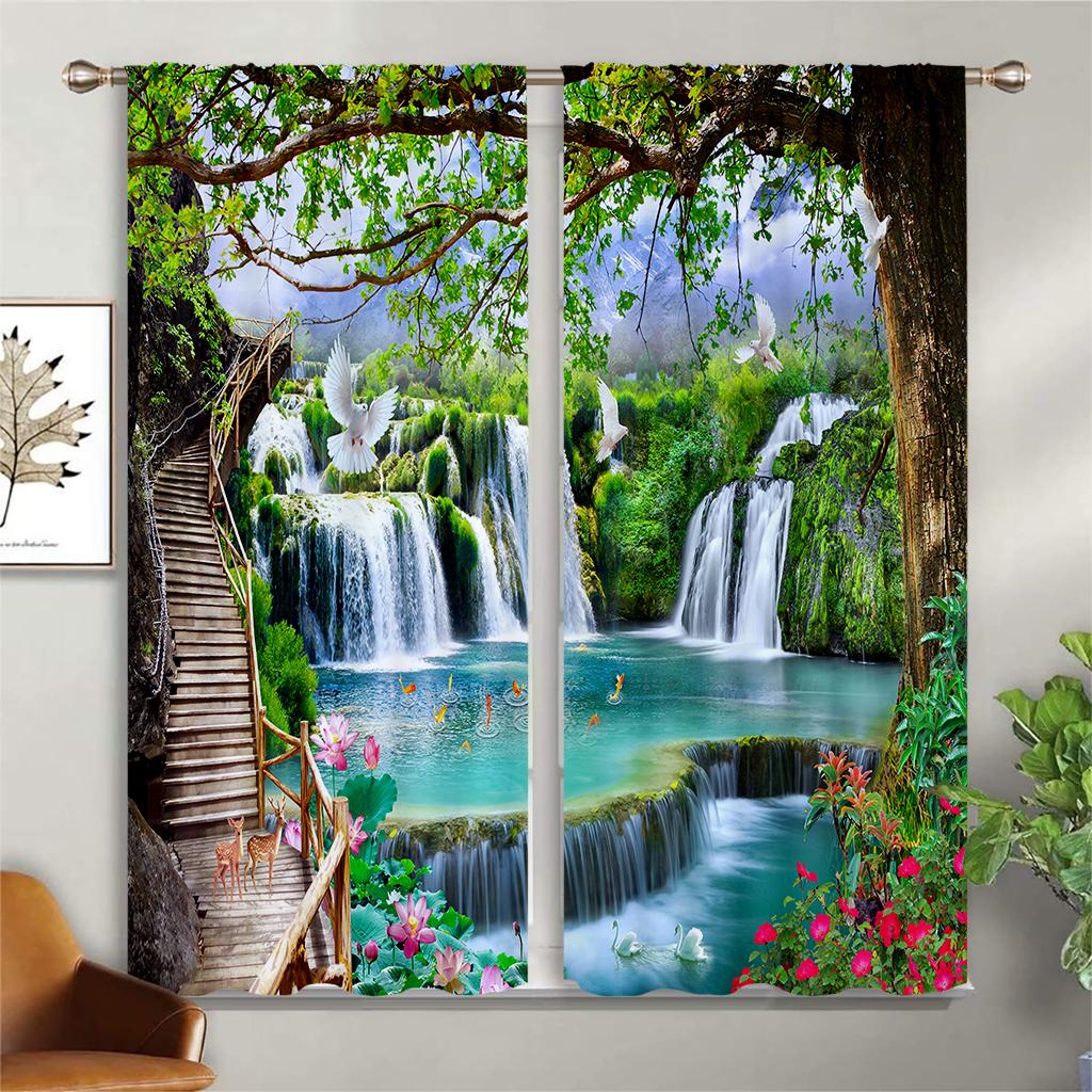 Natural Scenery 3d Print Decoration Decorative Curtains, Living Room Bedroom Kitchen Semi-Blackout Curtains 2PCS