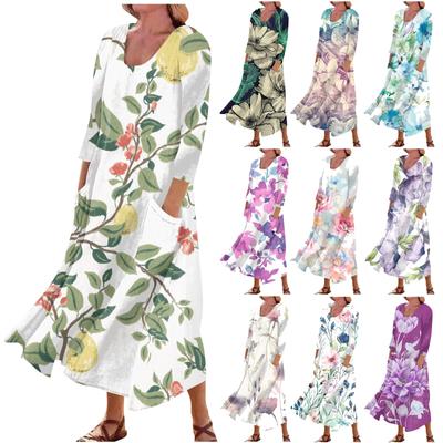 Женское повседневное удобное хлопковое карманное платье с цветочным принтом и рукавами три четверти