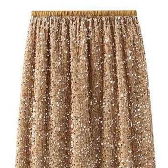 Women Skirt Solid Color Shiny Sequin Decoration Midi Skirt Elastic High Waist Back Slit Design Skirt Beach Weddings Skirt