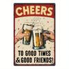 1pc Vintage Distressed Metal Sign - "Cheers To Good Times" Retro Tin Art with Red Background, Beer Mugs & Confetti
