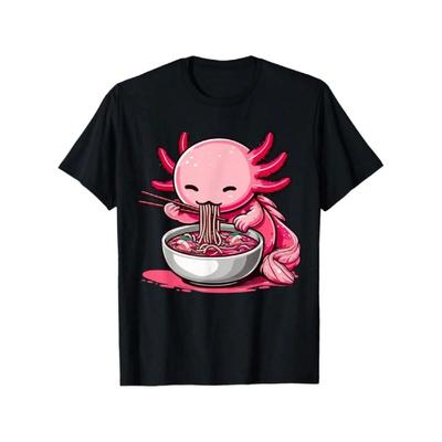 Мягкая хлопковая футболка с милым графическим рисунком аксолотля, поедающего рамен, дышащая, удобная, с коротким рукавом, черного цвета, идеально подходит для лета