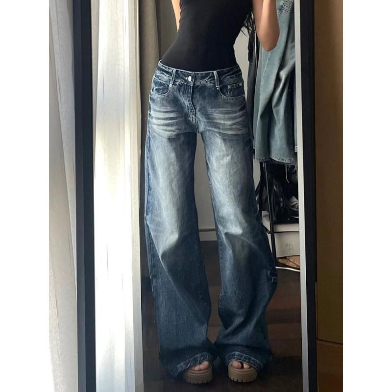 Женские повседневные свободные джинсы с высокой талией, винтажные мешковатые джинсы с широкими штанинами 2000 года, уличные корейские расклешенные брюки больших размеров