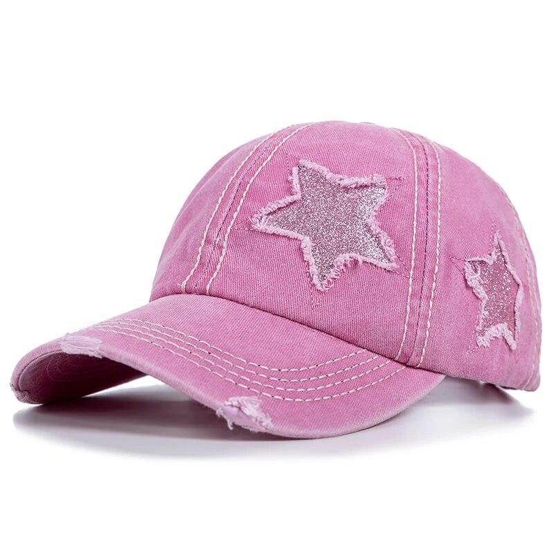 New Fashion Women Ponytail Cap Sequins 5-Point Star Hole Design Baseball Cap Female Washed Cotton Streetwear Hats