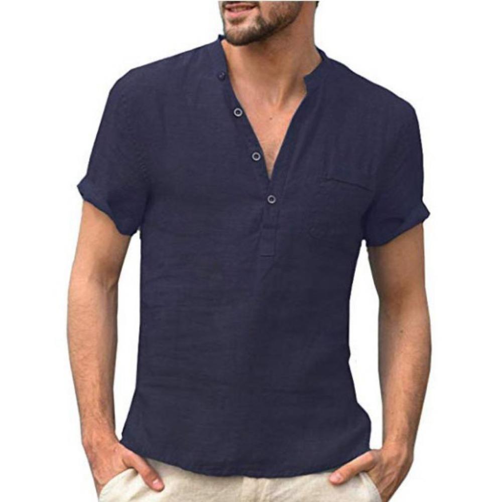 Summer Cotton Linen Short Sleeve Men's Shirt Solid Color Pocket Stand Neck Button Half Open Black Shirts