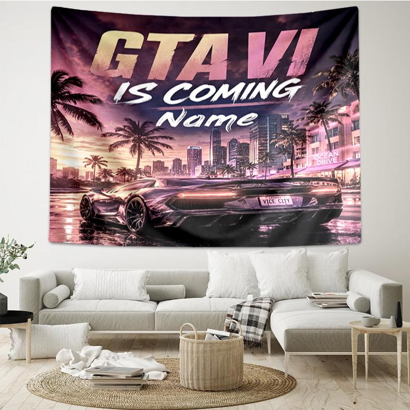 Custom Name GTA 6 Print Tapestry, Backdrop, Easy Setup, Ideal for Bedroom, Office & Living Room, with Aesthetic Wall Hanging Decor.