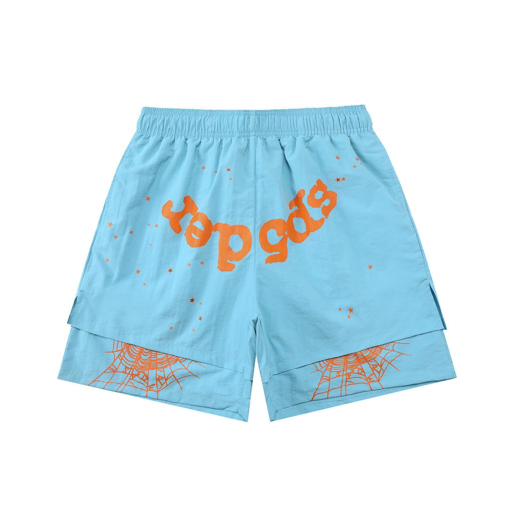 Cross-border European and American trendy brand sp5de spider web letter fake two-piece casual shorts men's and women's high street sports 
