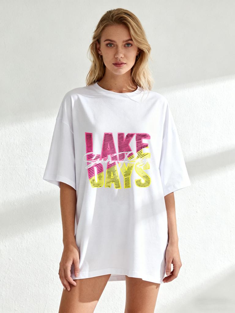 Футболка оверсайз Lake Days Черный, розовый и желтый градиентный текст, принт солнечных лучей, летняя пляжная одежда для отпуска