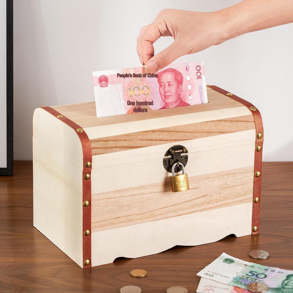 Large Capacity Solid Wood Piggy Bank with Lock for Children