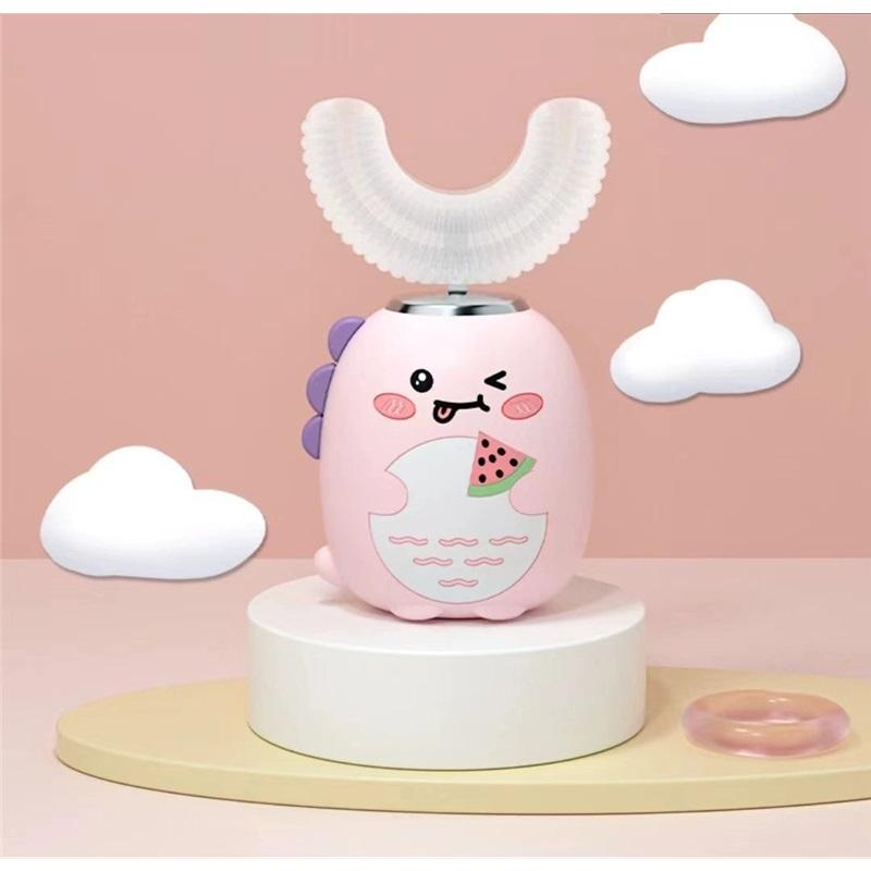 Мультяшная U-образная детская электрическая зубная щетка в виде динозавра для детей от 3 до 12 лет с зубной пастой, перезаряжаемая, водонепроницаемая, звуковая, мощная, на батарейках