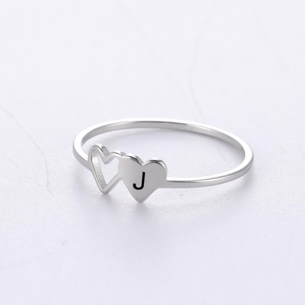 Initial Letter Rings for Women Girls Double Hearts Stainless Steel Finger Rings Fashion Jewelry Couple Friends Gift
