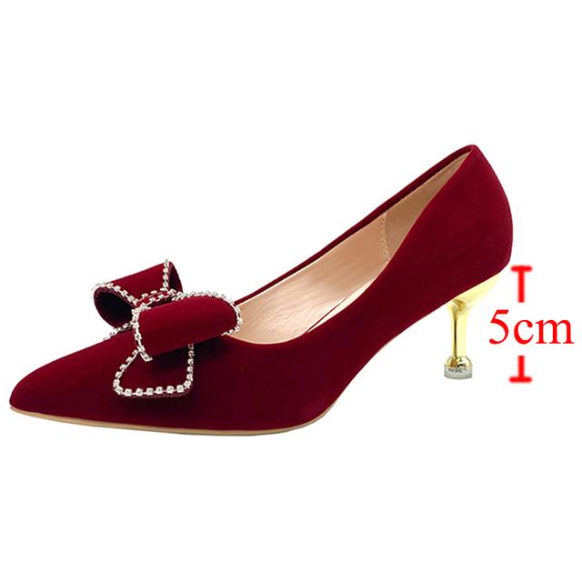 Красные туфли-лодочки с кристаллами и бантом, новые женские элегантные туфли без шнуровки на тонком каблуке, женские туфли на высоком каблуке с острым носком и блестящим бантом