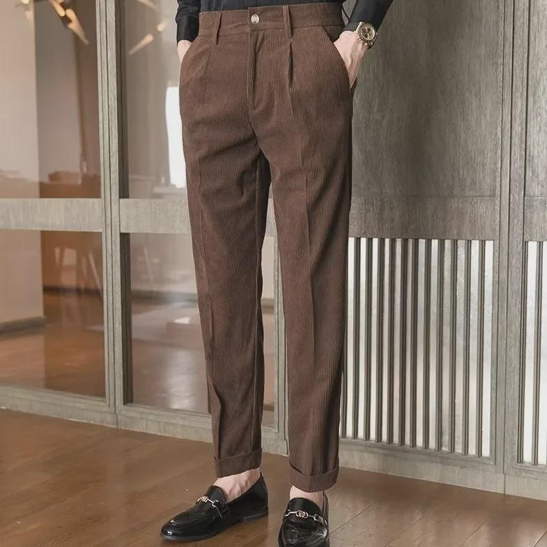 2023 Мужские облегающие брюки в полоску из вельвета - повседневные брюки в корейском стиле на осень