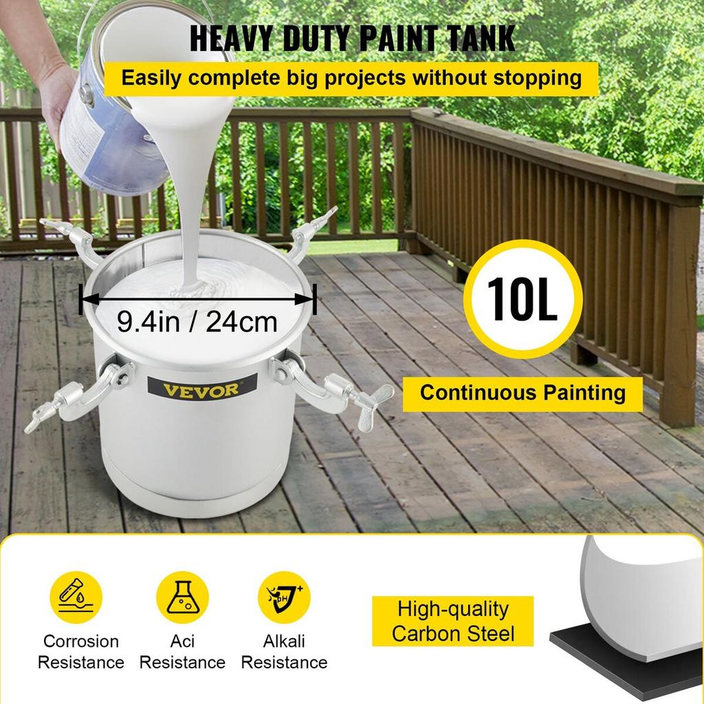 Commercial Paint Pressure Tank 2.5 Gallons Pressure Pot Tank 10L Pressure Paint Pot Feed Spray Gun 1.5mm Nozzle Paint Sprayer for 10L Capacity