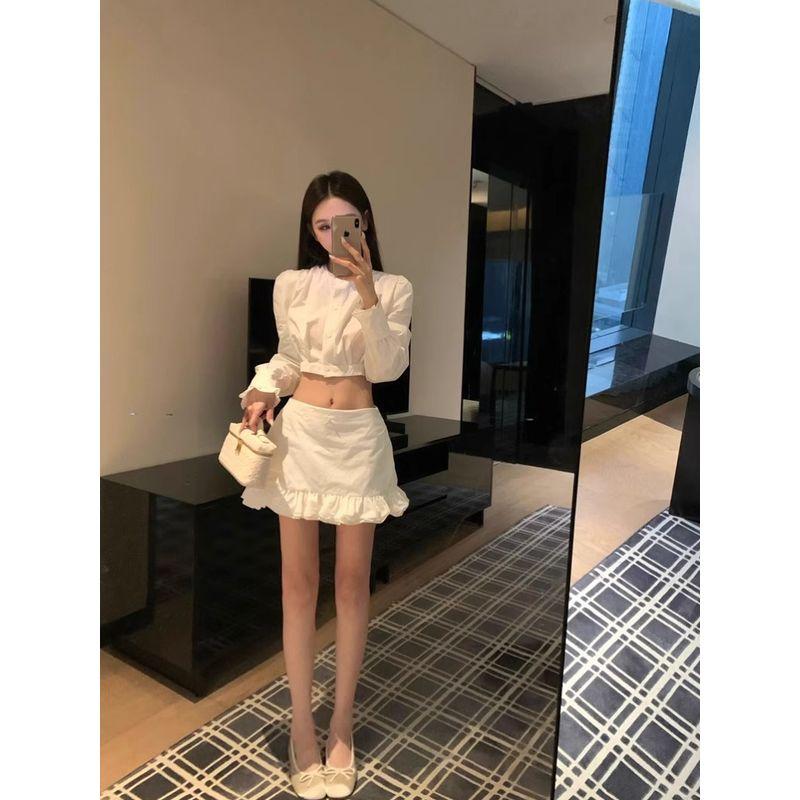 Kumikumi Fashion White Suit Short Long Sleeves Shirt Women's Autumn Slimming Easiest for Match Skirt Two-piece Set