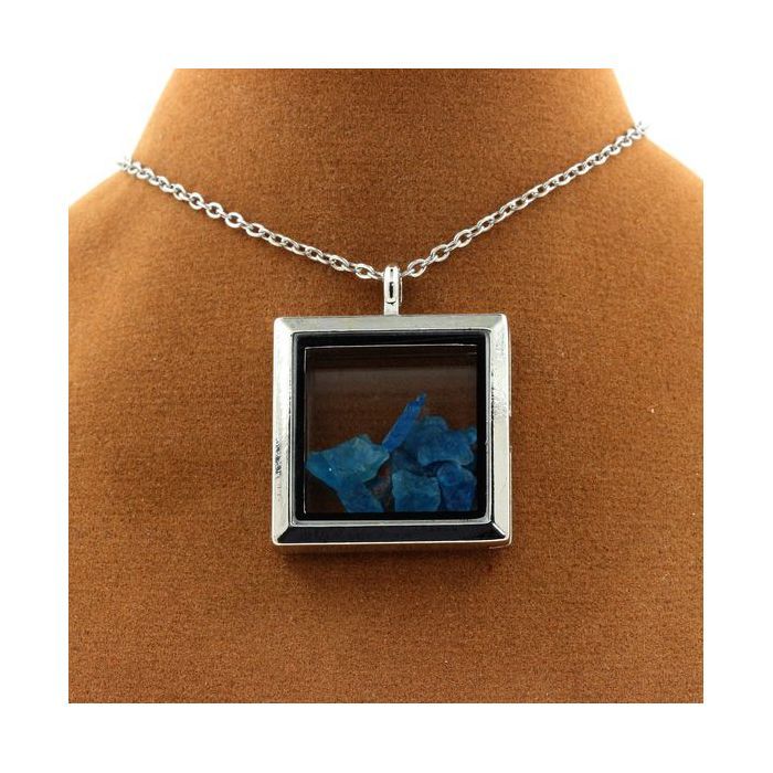 Stones and Minerals. Raw Neon Blue Apatite Necklace. Square Model. Color Silver.