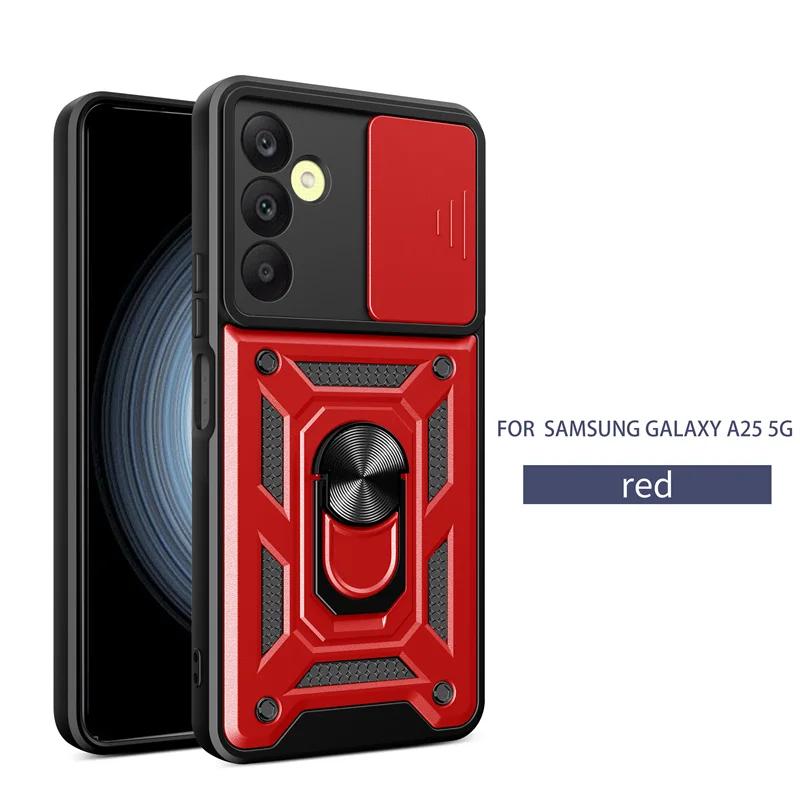 Противоударный бронированный чехол для Samsung Galaxy M35 A55 M55 M15 A15 A35 A05S A54 A25 A34 A24 A14 с кольцом-держателем и сдвижной крышкой для защиты объектива