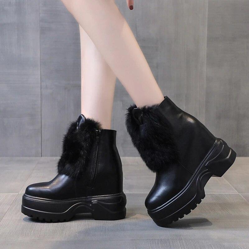 Новые массивные ботинки, женские непромокаемые ботинки на кроличьем меху, теплые кроссовки на высокой платформе, зимние кожаные зимние ботинки, ботильоны на толстой подошве